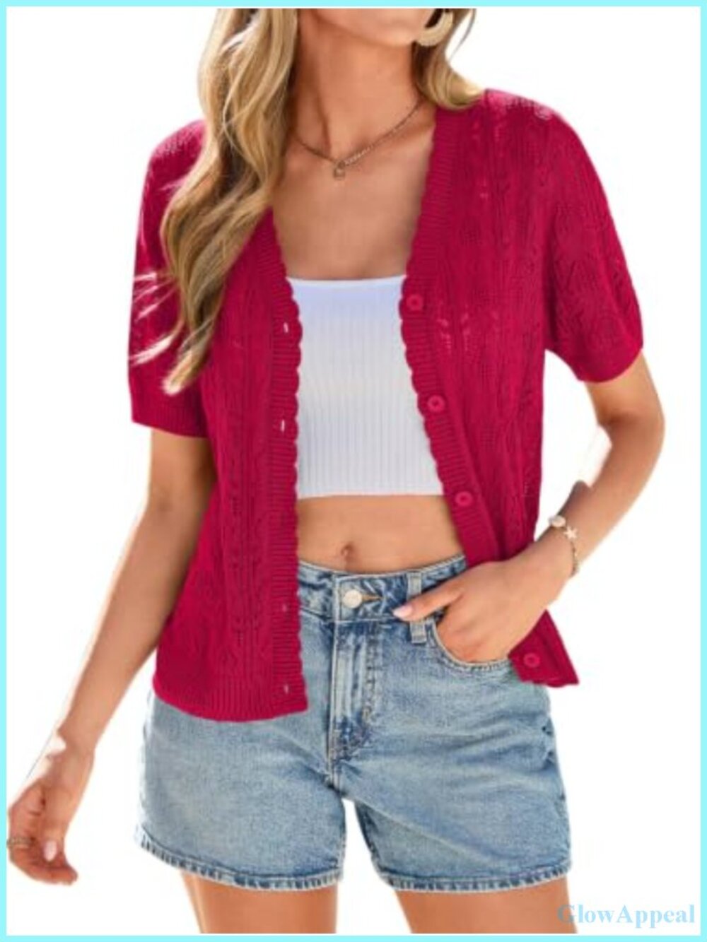 100% Viscose Crochet Knit Sweater Lightweight Button Up Short Sleeve Cardigan